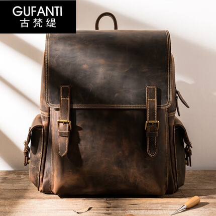 古梵缇双肩包男 复古头层牛皮背包大容量双肩电脑包户外背包男gftx-406 深棕色 小号