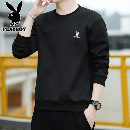 花花公子(PLAYBOY)卫衣男秋冬季外套男士长袖T恤男装潮流宽松休闲打底衫 黑色 XL