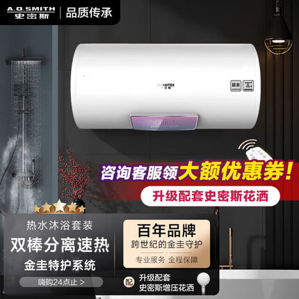 史密斯（A.O.SMITH）佳尼特 电热水器 家用洗澡 一级能效 速热节能恒温 双棒分离速热 金圭特护系统TT 沐浴套装 双棒速热60升-无线遥控操作