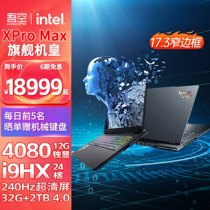 吾空（WOOKING）XPro Max 游戏本17.3英寸13代i9-13900HX RTX4090/4080笔记本电脑 i9-13900HX 32G 2TB 4080旗舰