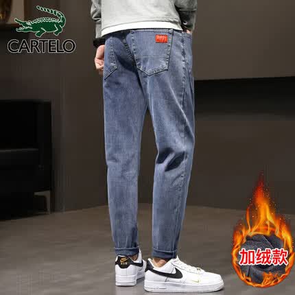 卡帝乐鳄鱼（CARTELO）牛仔裤男秋冬季休闲裤男士修身小脚裤子男裤长裤 蓝色加绒 32