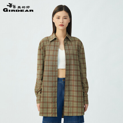 哥弟真的好女装复古格纹廓形中长衬衫女士衬衣A300986 绿格 S(2码)