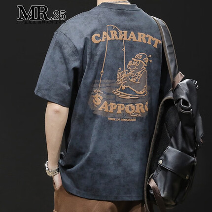 MR.25重磅短袖t恤男夏季新款宽松大码男装时尚潮流纯棉圆领百搭上衣男 黑色 XL