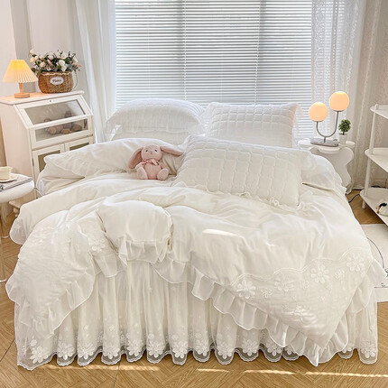 南极人（Nanjiren）A类母婴级床裙床上用品韩式蕾丝公主风床裙结婚四件套床垫保护罩 心语系列-奶白 1.5x2.0床裙四件套被套2.0x2.3