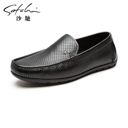 沙驰（SATCHI）男鞋 镂空透气休闲皮鞋舒适休闲鞋休闲男鞋 752143091Z 黑色 42