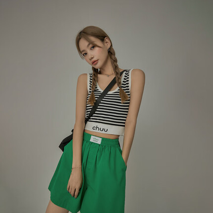 CHUU经典条纹小背心女2023夏季新款字母百搭吊带无袖上衣 黑白条 均码