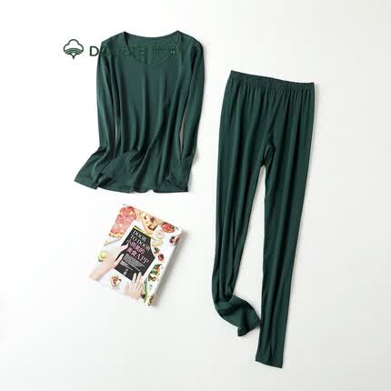 朵彩秋冬新真丝保暖内衣桑蚕丝加棉纯色双面针织女士秋衣秋裤套装 墨绿 M