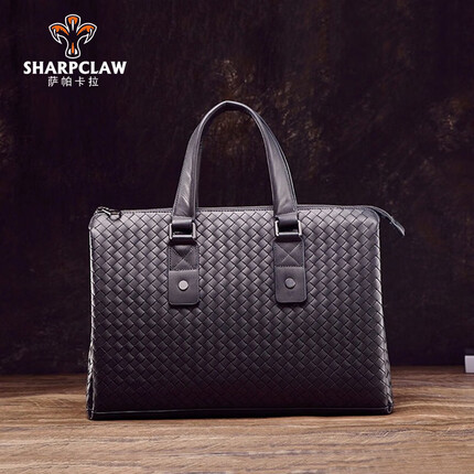萨帕卡拉商务公文包男编织单肩斜挎包时尚潮流电脑包牛皮男包手提包 黑色 39*9*28cm SHARPCLAW