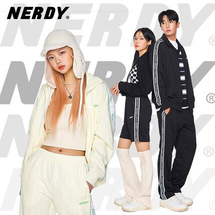 NERDY2023春季新款棋盘格串标运动套装宽松休闲上衣外套裤子女潮 浅黄色上衣 L