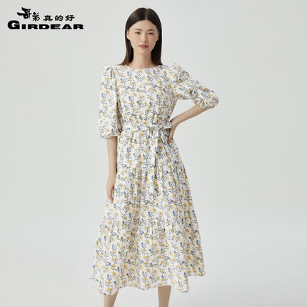 哥弟真的好女装2023夏季新款中袖收腰肌理碎花连衣裙【附腰带】A500245 米 M(3码)