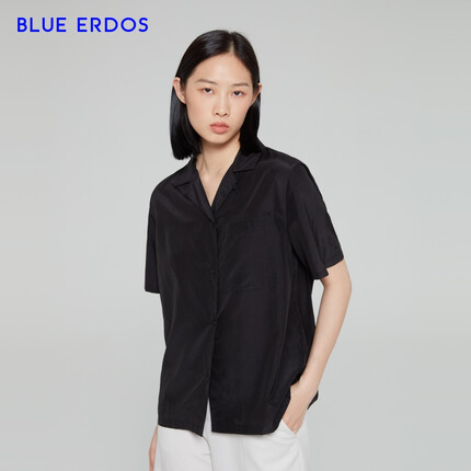 BLUE ERDOS【桑蚕丝】女装春夏气质古巴领棉丝混纺舒适短袖女衬衫 乌黑 160/80A/S