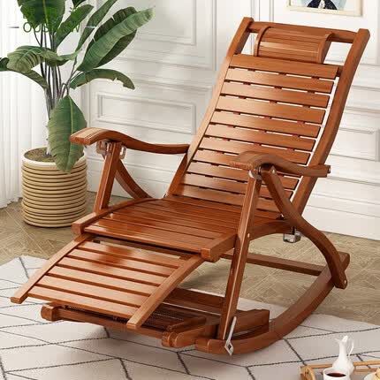 原声原代竹躺椅午休摇椅成人竹椅折叠摇摇椅老人椅午睡椅子折叠床户外凉椅 胡桃色摇椅（带脚拖）
