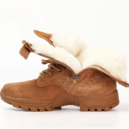 季狮（JISHI）新款21棕色作战靴男高帮棕色户外靴反绒真皮沙漠靴作战训靴男透气 棕色作战靴(羊毛加绒) 36/230(两双鞋垫)