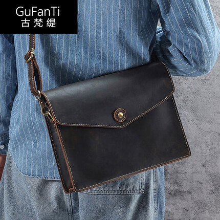 古梵缇单肩包男 复古单肩牛皮男士斜挎包男邮差包单肩包背包挎包gftx-88 啡色 GUFANTI