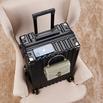 古思驰旅游行李箱大型女万向轮结实耐用铝框拉杆箱男密码旅行箱大容量皮 耀黑色【双层防爆拉链款+密码锁 28寸