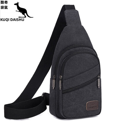酷奇袋鼠【特价捡漏】品牌品质男士胸包帆布新款多层大容量防水耐用多兜胸前小挎包轻便单肩包男 黑色