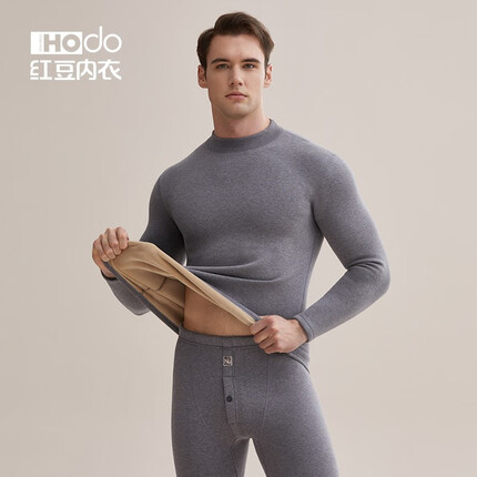 红豆情侣高领保暖内衣加厚加绒色纺男士中老年秋冬季内衣套装 雅灰-男士（加厚加绒） 170/95