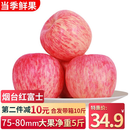 烟台苹果山东烟台苹果栖霞红富士 脆甜当季新鲜水果时令生鲜整箱 精选5斤 中大果75-80mm