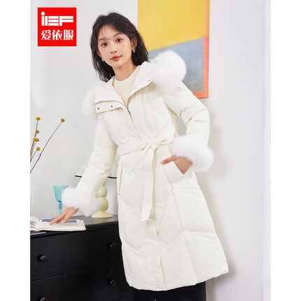 IEF/爱依服羽绒服2023冬季新款时尚气质真毛领设计保暖修身长外套女 白 S