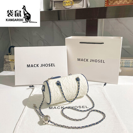 袋鼠包包女高品质圆筒包新款时尚2023新款褶皱感斜挎链条包单肩包 牛仔蓝【高品质】 包包+链条【店长推荐】