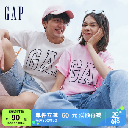 Gap【水洗棉】男女装美式复古LOGO纯棉短袖T恤809021夏季情侣装 灰白色 180/96A(M)
