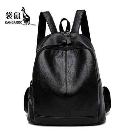 袋鼠（KANGAROO）真皮双肩包女2023新款百搭牛皮女士旅游背包软皮防盗轻便 黑色