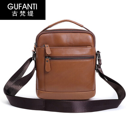 古梵缇单肩斜挎包男 休闲竖款单肩包头层牛皮男士挎包单肩包大容量手提斜挎包gftx-8P 棕色