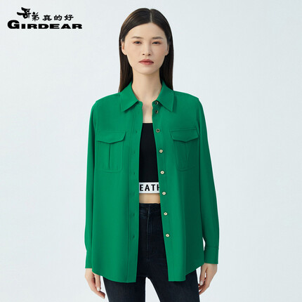 哥弟真的好(GIRDEAR)女装简约通勤中长款工装风衬衫女衬衣A301036 草木绿 M(3码)