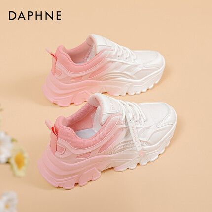达芙妮(DAPHNE)老爹鞋女鞋2023新款网面透气渐变色休闲厚底运动鞋女款春夏款 白粉色 37