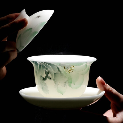 妙莲天香 蓝莲花盖碗冰种玉瓷三才盖碗茶杯张丽娇大师手绘送礼泡茶碗 H68-38A蓝莲花盖碗（冰种瓷）