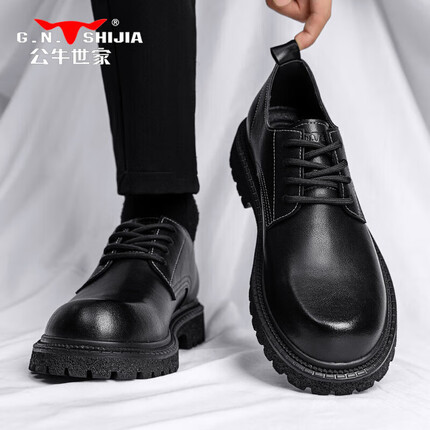 公牛世家男鞋休闲皮鞋男士马丁靴英伦潮流百搭做旧大头工装鞋子男 黑色 42（标准皮鞋尺码） 