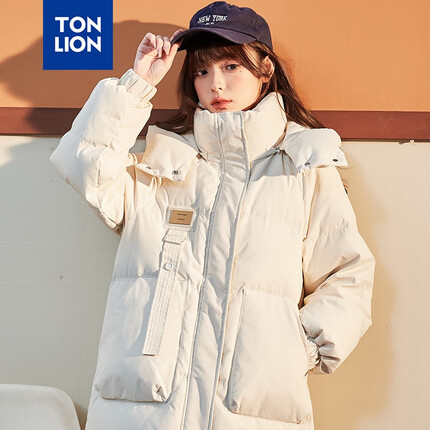 唐狮(TonLion)2023女连帽长款棉衣面包服 米白 L