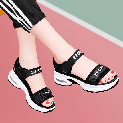 古奇天伦 凉鞋女韩版潮流简约时尚露趾松糕底沙滩鞋魔术贴女鞋子 G9526 黑色（推荐） 38