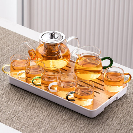 瓷牌茗 玻璃茶具套装耐热加厚家用功夫茶杯带过滤泡花茶壶整套茶盘 透明把《八骏壶》六彩把杯+绿柄公杯+小长方密胺盘