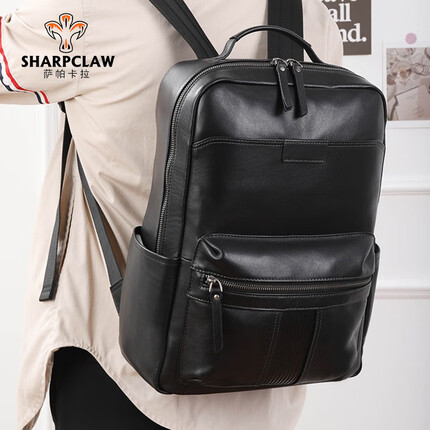 萨帕卡拉双肩包男大容量商务休闲电脑包时尚潮流旅行男士背包头层牛皮 黑色 28*13.5*40cm SHARPCLAW