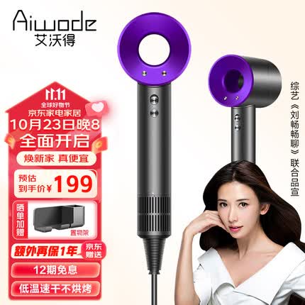 艾沃得(Ai wo de)吹风机家用新一代电吹风筒大功率高速吹风机1600W负离子大风力11万转速干低噪音便携无叶 亮紫色 【蓝光负离子发廊家用】