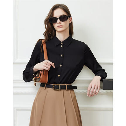 唐可娜儿（DKNY）女大方剪裁优雅真丝长袖衬衫利落版型女装 黑色 L(165/88A)