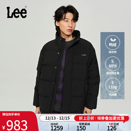 Lee商场同款23秋冬新品舒适版经典款男面包羽绒服潮LMT006271100 黑色 L