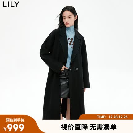 LILY【商场同款】2022冬新款女装高级感全绵羊毛黑色毛呢大衣外套 510黑 M