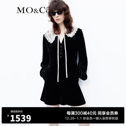 MO&Co.2023秋新品含桑蚕丝丝绒高腰收腰连衣裙MBC3DRS035附装饰领 黑色 S/160