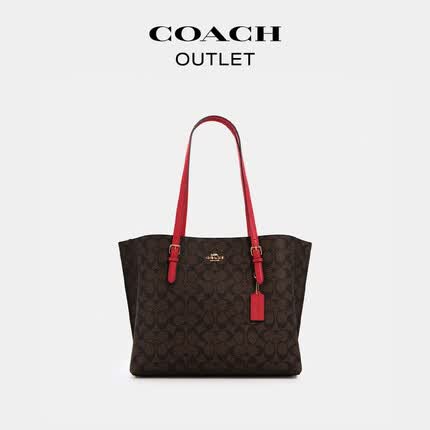 蔻驰(COACH)奥莱女士女包经典标志帆布MOLLIE托特包 IM/棕色 1941红色