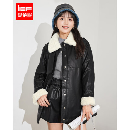 IEF/爱依服2023冬季新款加绒小个子亮面皮中长外套4620A-DS5091-B- 黑 M