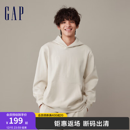 Gap男女装冬季2023新款LOGO碳素软磨抓绒卫衣841332运动连帽衫 米白色 175/96A(L)亚洲尺码