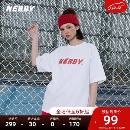 NERDY2023春夏新款运动短袖大Logo字母印花T恤基础宽松休闲情侣女潮牌 红色 M
