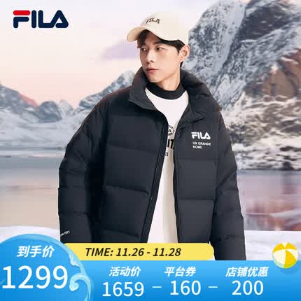 斐乐(FILA) 官方羽绒服情侣款冬季休闲运动连帽长袖印花保暖外套男女装上衣 正黑色-BK 170/92A/M