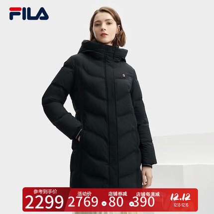 FILA 斐乐女士中长款羽绒服2023冬新款时尚简约保暖上衣 杨幂同款 正黑色-BK 170/88A/L