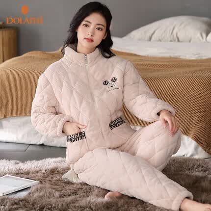 多拉美夹棉睡衣女冬加厚加绒三层夹棉保暖珊瑚绒女士家居服套装 XL