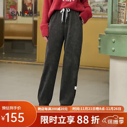 三福休闲裤2023冬抽绳松紧腰束脚裤卫裤长裤裤子女装478948 黑色 160/64A/S