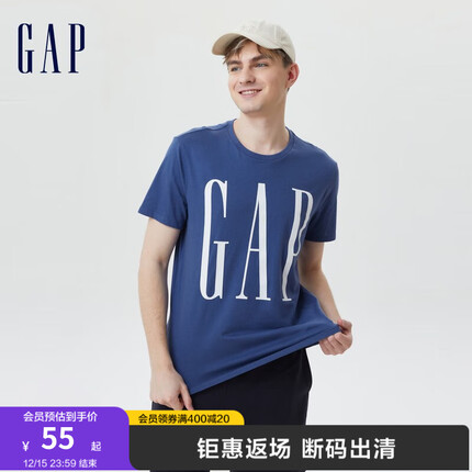 Gap男装休闲舒适圆领T恤夏季499950 时尚LOGO短袖上衣男 蓝色 175/88A(XS)