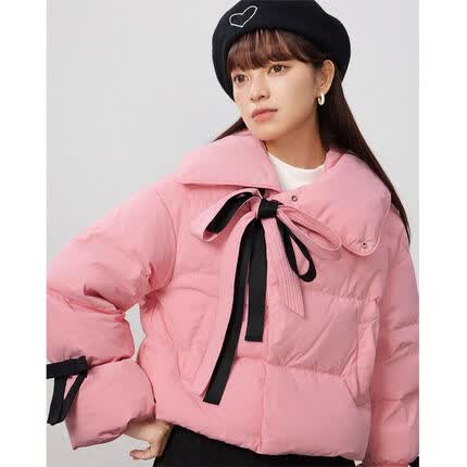IEFIEF/爱依服超好看羽绒服女2023冬新款韩版气质甜美蝴蝶结短款外套 浅粉 均码